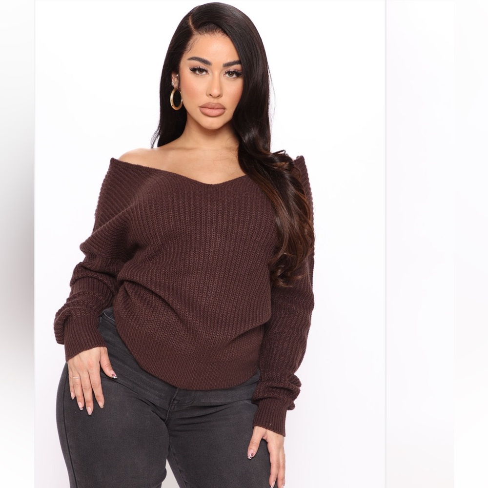 Fashion Nova Chocolate Off-Shoulder Sweater